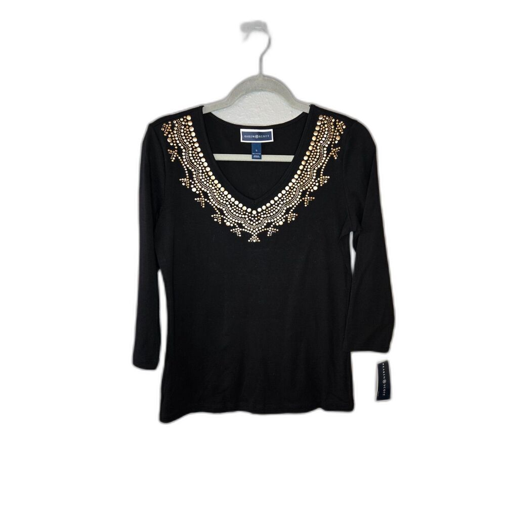Karen Scott Women's NWT Black Embellished 3/4 Sleeve Top Size Small